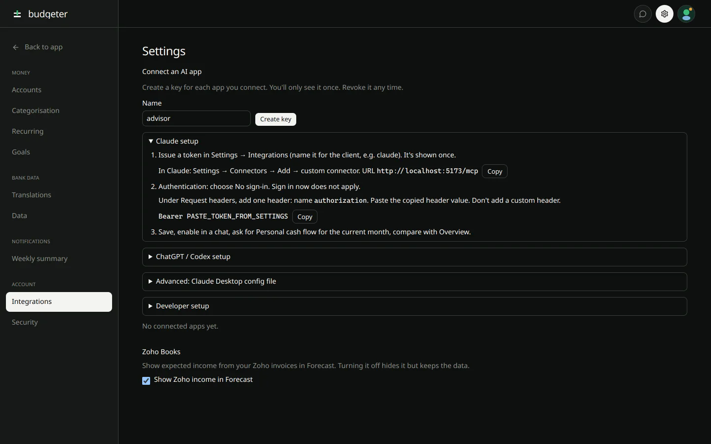 Settings integrations page with the steps to connect Claude. No access token is shown.