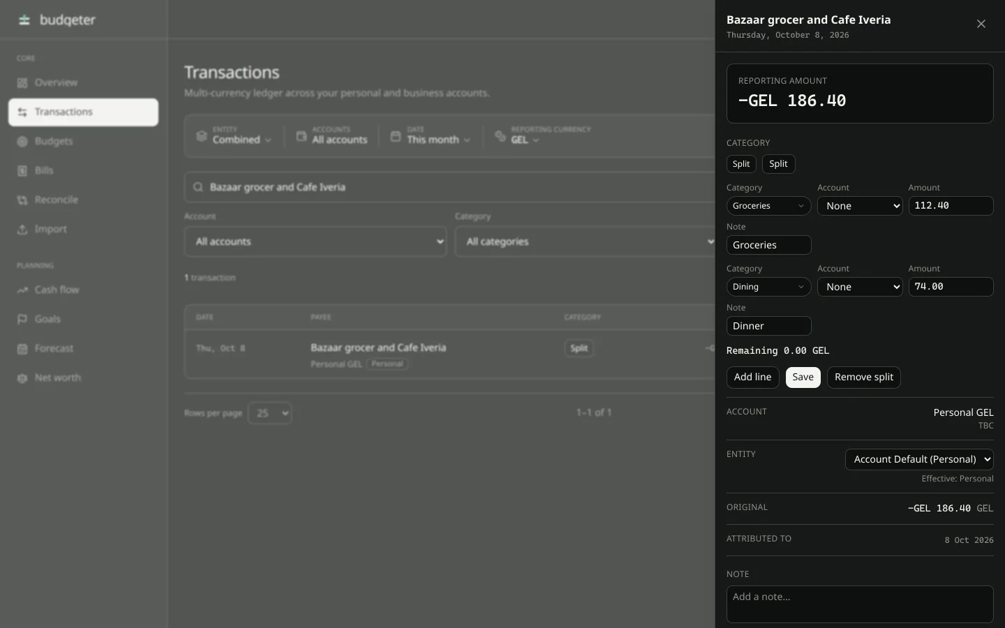 Transactions list with one shop payment split open across two categories.